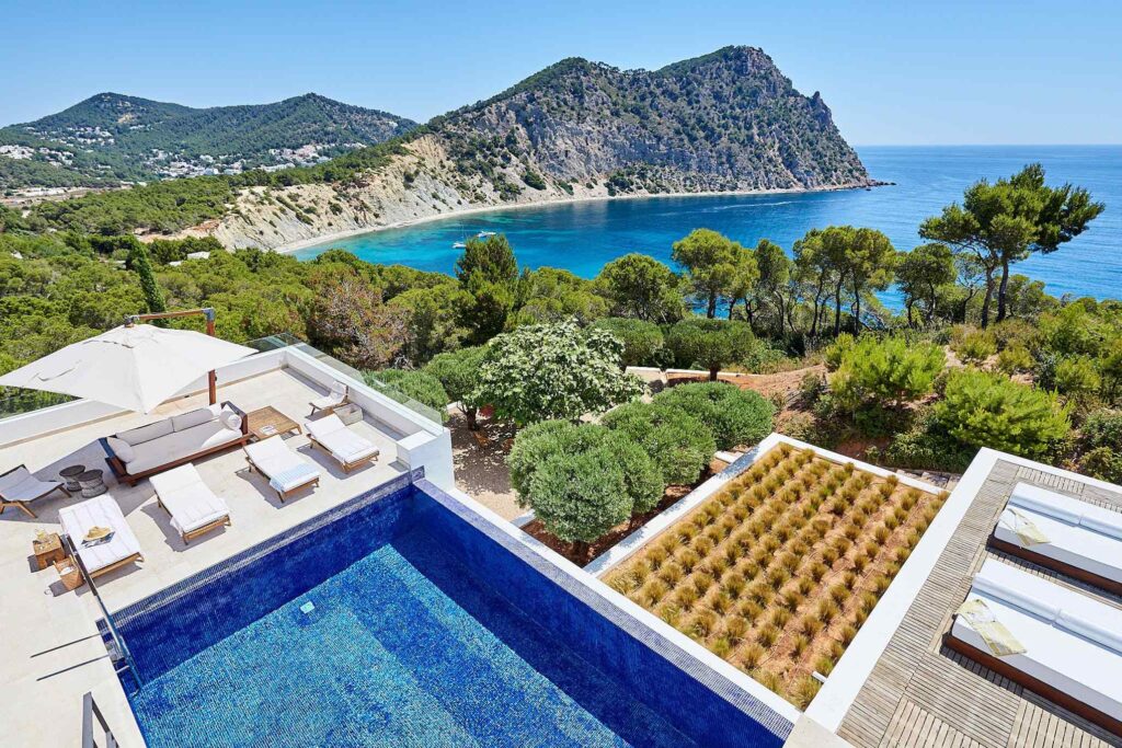 Sea view villas in Ibiza with panoramic sunset terrace overlooking the Mediterranean