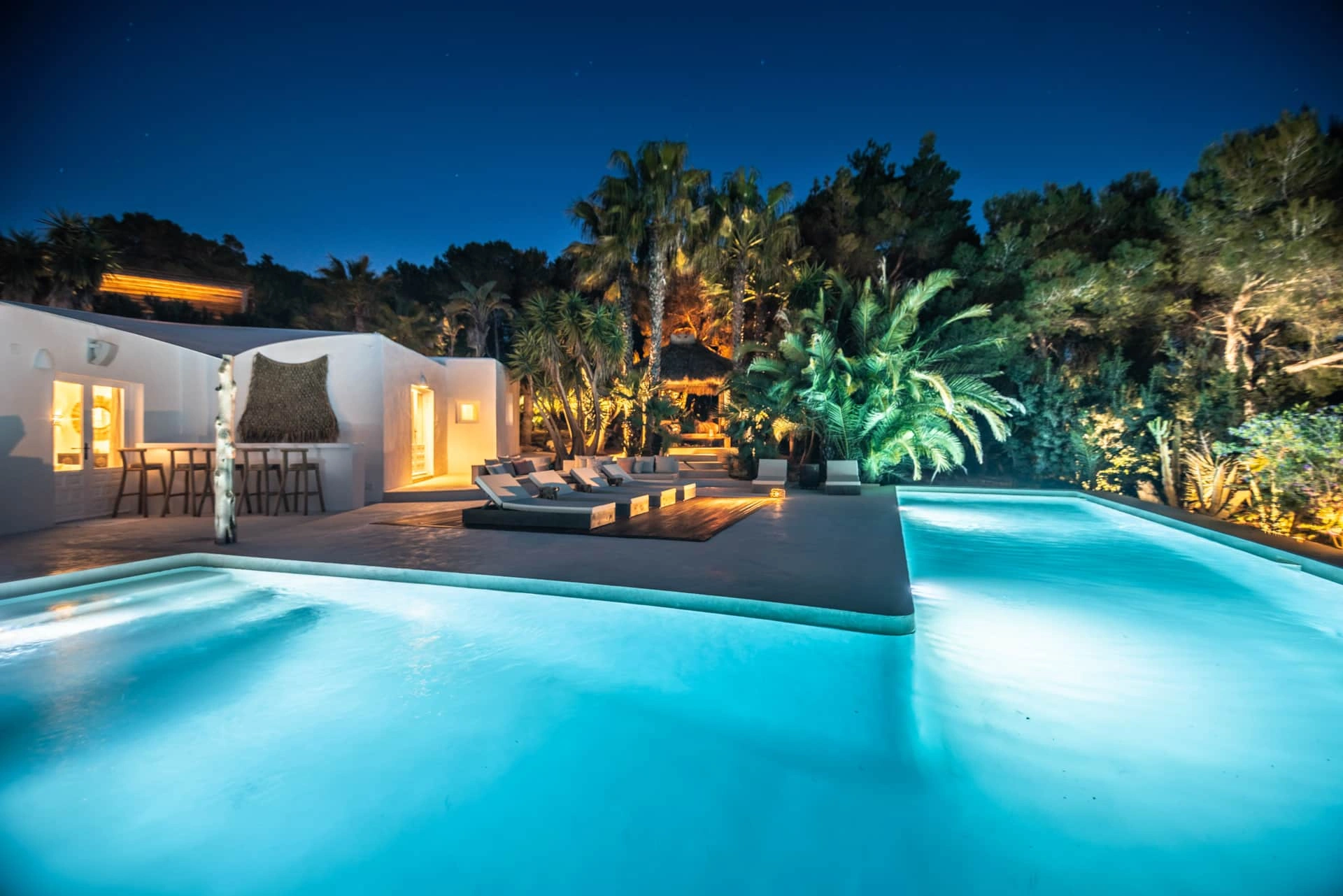 Villa with Pool at Night with Palms