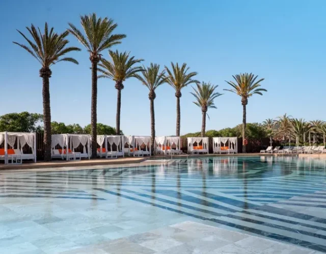 Beautiful blue pool with big pakms and hard rock hotel in the background